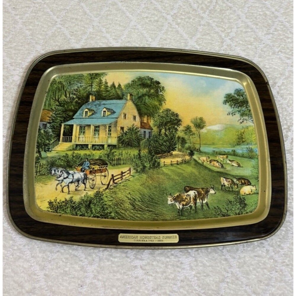 Vintage 70s Currier & Ives American Homestead Summer Scene Metal Tray
